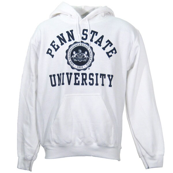 white hooded sweatshirt with Penn State University & seal